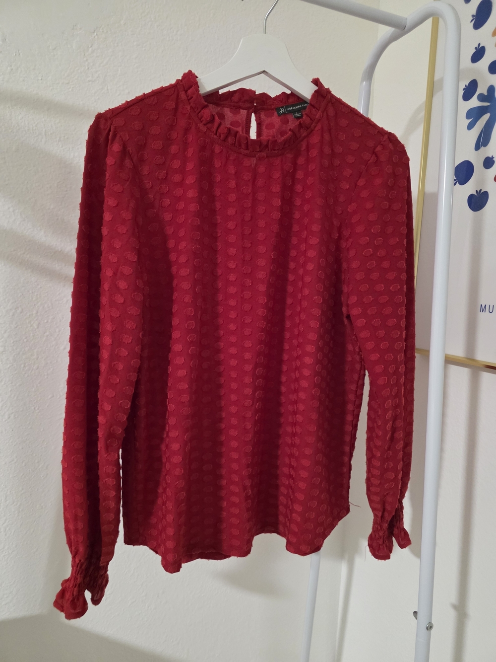 Women's Red Textured Long-Sleeve Blouse